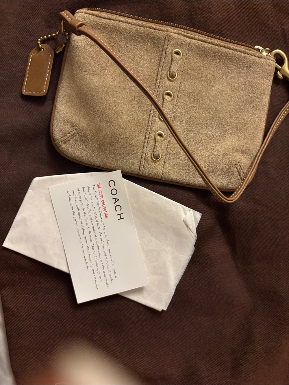 Coach Taupe Suede Wristlet with Leather Strap